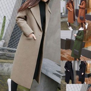 Women'S Wool Blends Vintage Outwear Casual Trench Oversize Coat Jacket Women Work Solid Winter Office Long Sleeve Button Woolen Dr Dhadq