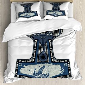 Zestawy pościeli z zestawem kołdry Wiking Scandinavian Folklore Motifs Północna kultura germańska mjollnir 23pcs Zestaw pościeli King size łupek Blue 230626