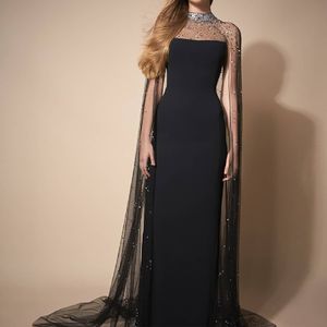 Dubai Design Cape bainha Vestidos de noite pretos vestidos de pescoço ilusão pura do pescoço de miçanga longa vestido formal de sereia sereia para baile