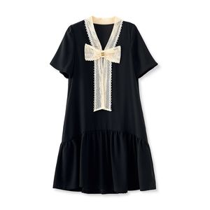 2023 Summer Black Contrast Color Ribbon Tie Bowknot Dress Short Sleeve V-Neck Short Casual Dresses W3L041004