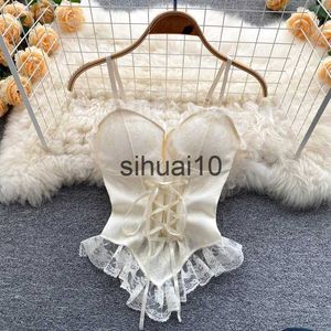 Koszulka damska Vintage koronkowa gorset Bustier kobiety spaghetti paski czołgi i camis seksowne szczupły uprawy Urban Chic Camisole Fashion Modne ubrania J230627