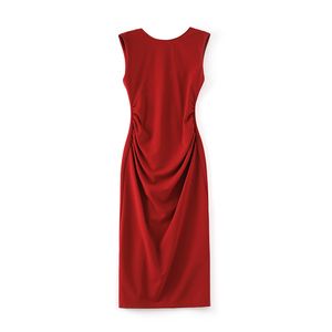 2023 Summer Red Solid Color Dress Sleeveless Round Neck Knee-Length Casual Dresses W3L043206