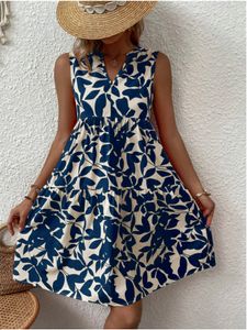 Grundlegende Freizeitkleider, bedrucktes Damen-Sommerkleid, ärmellos, V-Ausschnitt, schick und elegant, für Damen, Midi, Boho, Strand, locker, knielang, kurz, 230627