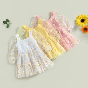 Flickans klänningar Pudcoco Infant Baby Girl Princess A Line Dress Elegant Daisy Print Long Sleeves Mesh Tulle Party for Toddler 3 M 3 T 230626