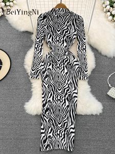 Stand Collar Long Midi Dress Woman Zebra Printed Vintage Y2K Partu Club Dresses Women Chic Korean Street Vestidos Lady