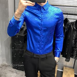 Camicie casual da uomo Royal Blue Smooth Ice Silk da uomo Raso bianco fiori luminosi Abbigliamento coreano Night Club Party Dress Stage