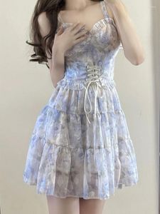 Casual Kleider 2023 Sommer Floral Süße Y2k Mini Kleid Frauen Ein Stück Koreanische Mode Ärmellose Fee Elegante Kurze Party