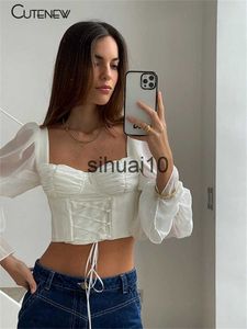 Damen-T-Shirt Cutenew Solid White Bandage Langarm-T-Shirt mit quadratischem Kragen Frauen Herbstmode Rückenfreies Skinny Crop Top Wild Lady Casualwear J230627