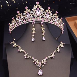 Necklace Earrings Set Princess Pink Crown Bridal For Women Tiaras Choker Sets Wedding Dress Prom Bride Jewelry Accessories