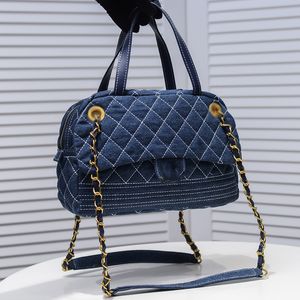 Womens Designer Vinatge Denim Blue Bowling Bags Outdoor Sport Large Capacity Diamond Lattice Top Handle Totes Gold Metal Hardware Strap Crossbody Handbags 28X8CM