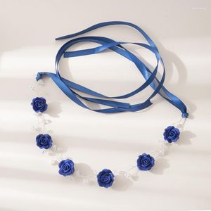 ヘアクリップ花嫁の結婚式のアクセサリーのための青い花のヘッドバンドシルクリボンヘアバンドパールフローラルヘッドピース花嫁