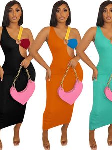 Basic Casual Dresses Ribbed Patchwork Maxi Dress Women Sexy Sleeveless Round Button Color Match Cut Out Cleavage BodyShaping Female Robe 230627