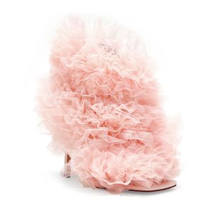 Кожа 2024 Женщины Женщины искренние атласные сандалии высокие каблуки Лето-пип-ног с открытым носом с сетью Большой розовый цветок свадебное платье Гладиатор повседневная молча