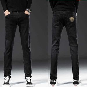 Jeans masculino designer Medusa puro preto passo em jeans masculino tubo reto slim fit outono e inverno alta elasticidade marca internacional RPLQ