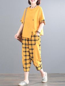 Women's Two Piece Pants 2 Set Womens Summer Yellow Tees Tops And Harem Vintage Style Loose Comfortable Cotton Female Casual Plaid Suits 2023