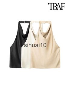 Women's T-Shirt TRAF Women Sexy Fashion Satin Flowing Halter Tank Tops Vintage Backless With Button Female Camis Mujer J230627