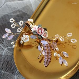 Hair Clips Fuchsia Crystal Clip With Purple Flower Wedding Bridal Accessories Fashion Women Headpiece Luxury Pearl Jewelry
