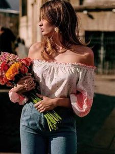 Kadın Bluzlar Kadın Bluz Bahar Yaz Slash Boyun Nakış Şık Çarpıcı Zarif Yüksek Sokak Moda Tasarımı Gündelik Trendy Şık