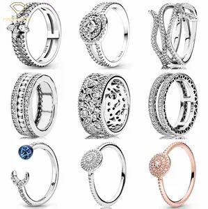 Anéis femininos de prata 925 fit Pandora originais coração coroa anel fashion folhas cintilantes banda grossa elegante brilho duplo floco de neve