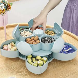 Blütenblattförmige rotierende Pralinenschachtel, Snack-Nuss-Blumen-Obstteller, Lebensmittelaufbewahrungskoffer, zweistöckiger getrockneter Organizer 211102