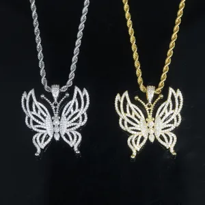 Designer de luxo borboleta charme pingente colar com corda corrente para mulheres senhora 5a zircão cúbico completo pavimentado hip hop melhor presente jóias