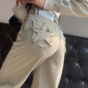 Women's Jeans Wide Leg Back Star Pocket High Waist Straight Pants Vintage Loose Simple Versatile Trouser Casual Streetwear Daily Wear