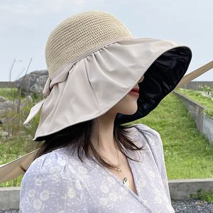 Female Summer Black Gel Coated Bow Sun Hat with Strong UV Protection Fisherman Hat Beach Sun Hat Bow Sun Hat Women's Hat