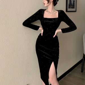 Casual Dresses Black Velvet Long Women Elegant Vintage Square Collar Sleeve Korean Sexy Evening Party Autumn 221119