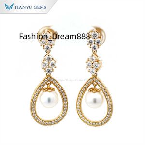 Tianyu gems 10k yellow gold 7.0mm round pearl with def vvs1 moissanite diamond jewelry earrings for women daily wear