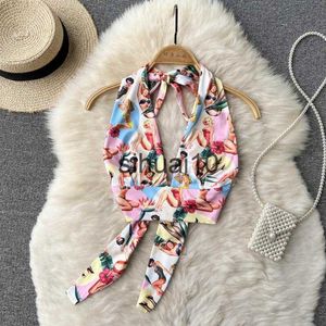 Women's T-Shirt Sexy Halter Tanks and Camis Women Chic Crop Top Aesthetic Printed Camisole Backless Beach Corset 2022 Fashion Summer Clothes J230627