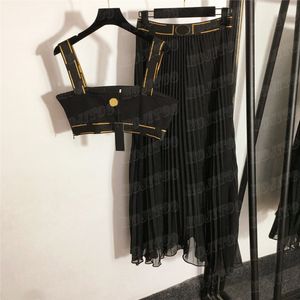 Designer Dress Sling Vest Women 2pcs Sets Vintage Printed Tank Top High Waist Pleated Skirts Two Piece