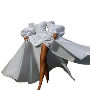 Yeni Yıl Zarif Seksi Gelinlik Modelleri Kapalı Omuz Uzun Kabarık Kollu Saten Düğmeler Yüksek Yan Bölünmüş Gelin Kıyafeti Vestido De Novia Custom Made