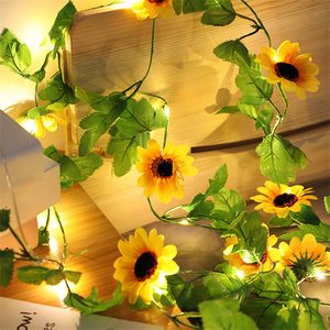 20 Stück Sonnenblumen-LED-Fee-Licht, batteriebetrieben, Kupferdraht, grünes Blatt-Lichterkette, Hochzeit, Party, Girlande, Lampe, Dekoration