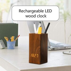 Innehavare Voice Control Digital Wood Pen Holder With Alarm Clock Creative Student Desktop USB/Battery Operated LED Pencil Organizer