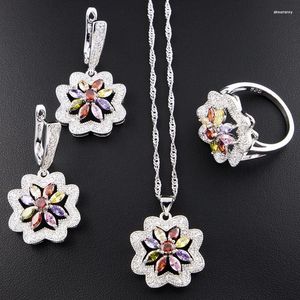 Necklace Earrings Set Funmode 3PCS Multicolor CZ Flower Shape Rope Link Chain For Women Bridal Pulseras Wholesale FS130