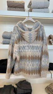 Womens Wool Brunello Woman Autumn and Spring Striped Long Sleeved Sweater Lamb Wool Hooded Cardigan