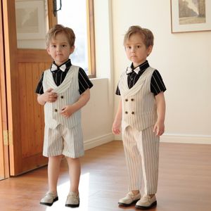 Suits Summer White Stripes Flower Boy's Dress Matching Suit 3 Pieces Waistcoat Vest Pants Bow tie Kids Formal Tuxedo 230626