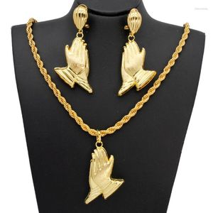 Necklace Earrings Set Prayer Hand Pattern Drop Pendant African Nigerian Gold Color Jewellery Sets For Women Daily Wear