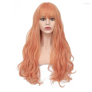 Perucas Sintéticas X-TRESS Fashion Wig Orange Pink Colored Com Franja Long Wave Made Hair Made Fibra de Alta Temperatura