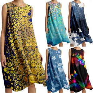 Casual Dresses Women'S Loose Elastic Cotton And Linen Comfortable Beach Dress Butterfly Printed Long Skater For Women