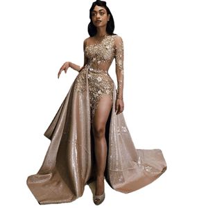 Aso Ebi Arabian Gold Beads Prom Dresses with Detachable Train One Shoulder Long Sleeve Lace Appliques Evening Dresses Sexy Party Wear