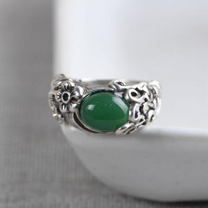 Cluster Rings FNJ 925 Silver Flower Ring Original S925 Sterling For Women Jewelry Open Adjustable Size Green Agate