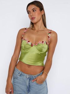 Damen Tanks TEMUSCOLA V-Ausschnitt Spaghettiträger Blumen Tank Top Frauen Sexy Rückenfrei Satin Grün Cami Lässige schlanke elegante weibliche Y2k Kleidung