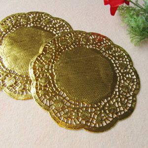 Matten-Pads, 100 Stück, 16,5 cm, 19,5 cm, 21,6 cm, 26,7 cm, 30,5 cm, kreatives Basteln, rund, goldfarbenes Papier, Spitzendeckchen, Kuchen-Tischset, Party, Hochzeit, Geschenk, Dekoration, 230627