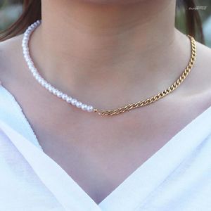 Chains 18K Gold Plated Stainless Steel Half Cuban Chain Pearl Necklace For Women Choker Boho Jewelry Clavicle Link Bridesmaid Gift