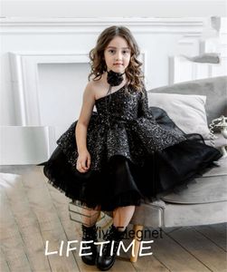 Girl Dresses Fashion Black Flower For Birthday 2023 Summer One Shoulder Sequined Tutu Wedding Party Gowns Princess