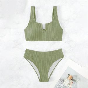 Kvinnors badkläder Kvinnors höga midja Bikini Solid Color Strip Swimsuit 2 -stycken Sport Underkläder Tankini Set
