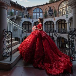 Luxury Red Quinceanera Dresses Princess Ball Gowns 3D Flowers Pärlor Vestido de 15 Anos Birthday Prom Dress Custom Made Made