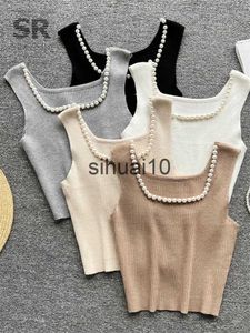 Camiseta Feminina SINGREINY 2023 Summer Pearl Tank Tops Feminino O Neck Fashion Short Camisole Ladies High Street Elastic Waist Knit Camis J230627