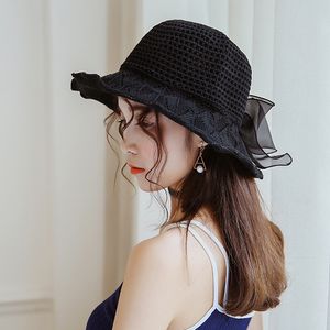 Summer Hats For Women bowknot openwork kniting bucket hat folding outdoor travel shade fisherman hat Sun protection Basin cap